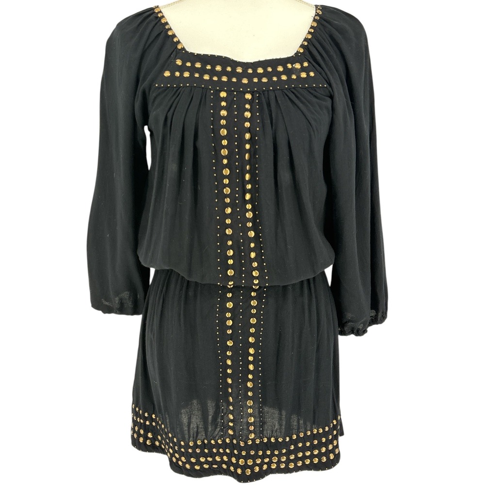 Angie Black Studded Mini Dress Square Neck Boho Festival Long Sleeve Small